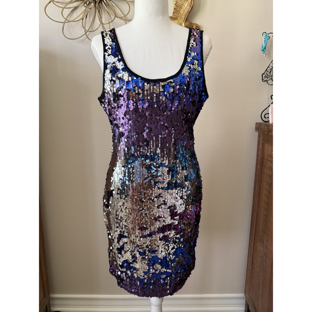 TCEC Sequin Cocktail Dress L Purple Blue Silver Iridescent Sleeveless Party